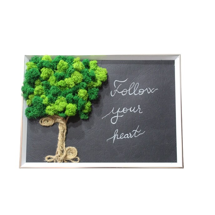 Tablou copac 3D ornamental cu mesaj personalizat cu licheni stabilizati Produs Handmade, Verde, 34x25 cm
